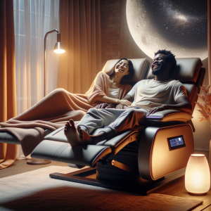 A couple are in their bedroom on top of their electric reclining bed. They are smiling and content and the room is soft and comfortable with a lamp on. The curtains are slightly open and you can just see the moon