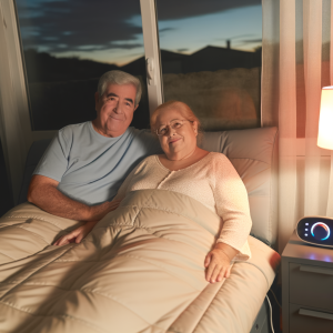 An older couple are in their bedroom on top of their electric reclining bed. They are smiling and content and the room is soft and comfortable with a lamp on. The curtains are slightly open and you can just see the moon