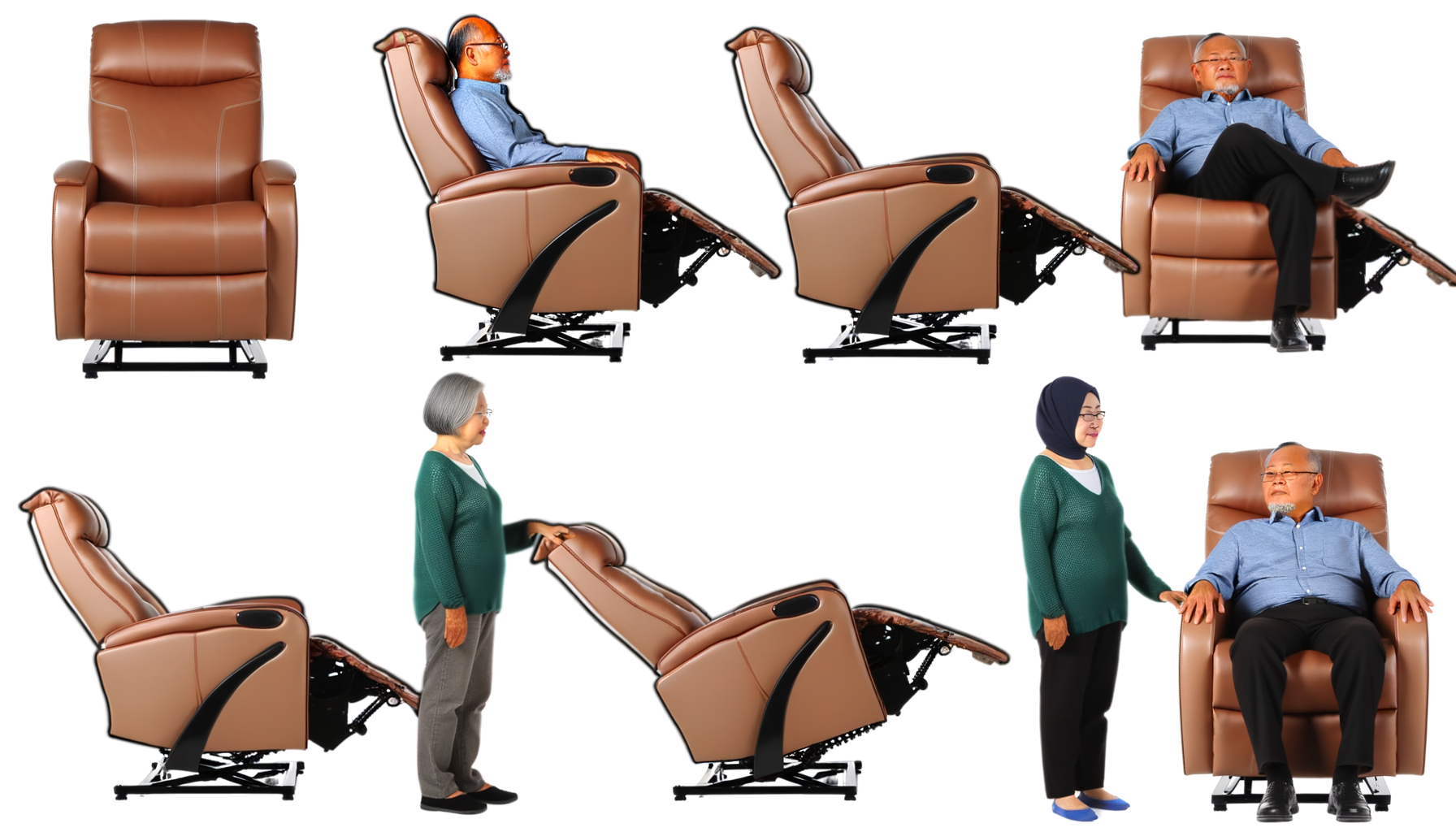 Show a comfortable electric reclining chair in 3 stages of recline from different angles. Set it against a white background with an older gentleman and woman in the picture