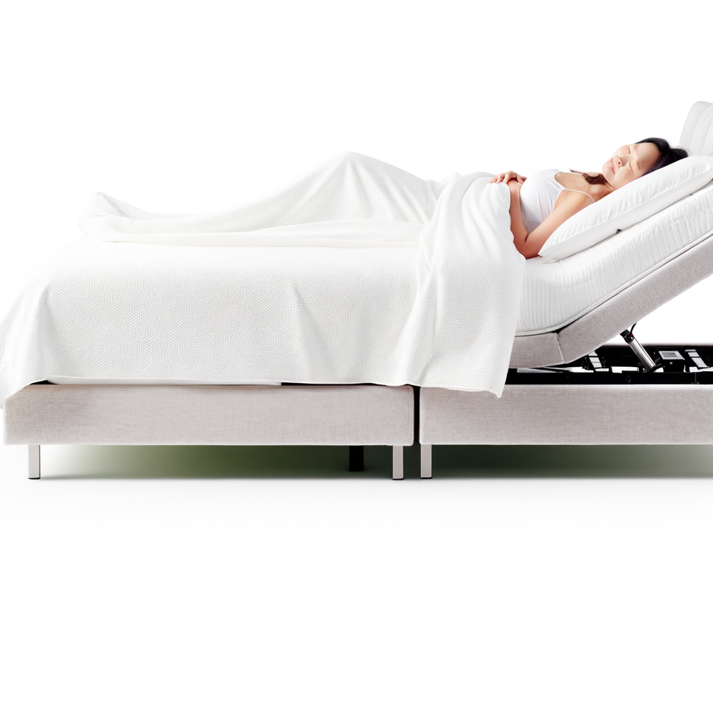 adjustable electric kingsized bed on a white background - the bed is raised partially. Make the bed look comfortable, show a contented sleeping person laying on it