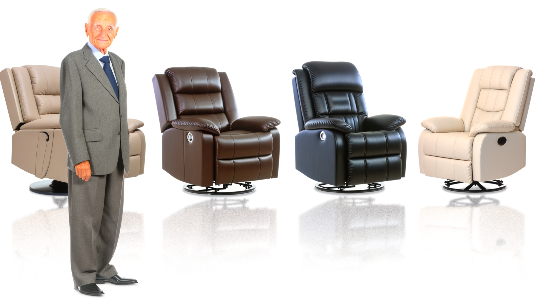 stylish image of 4 different types of electric recliners in different angles on a white background. one of these seats has an older contented gentleman standing next to it.