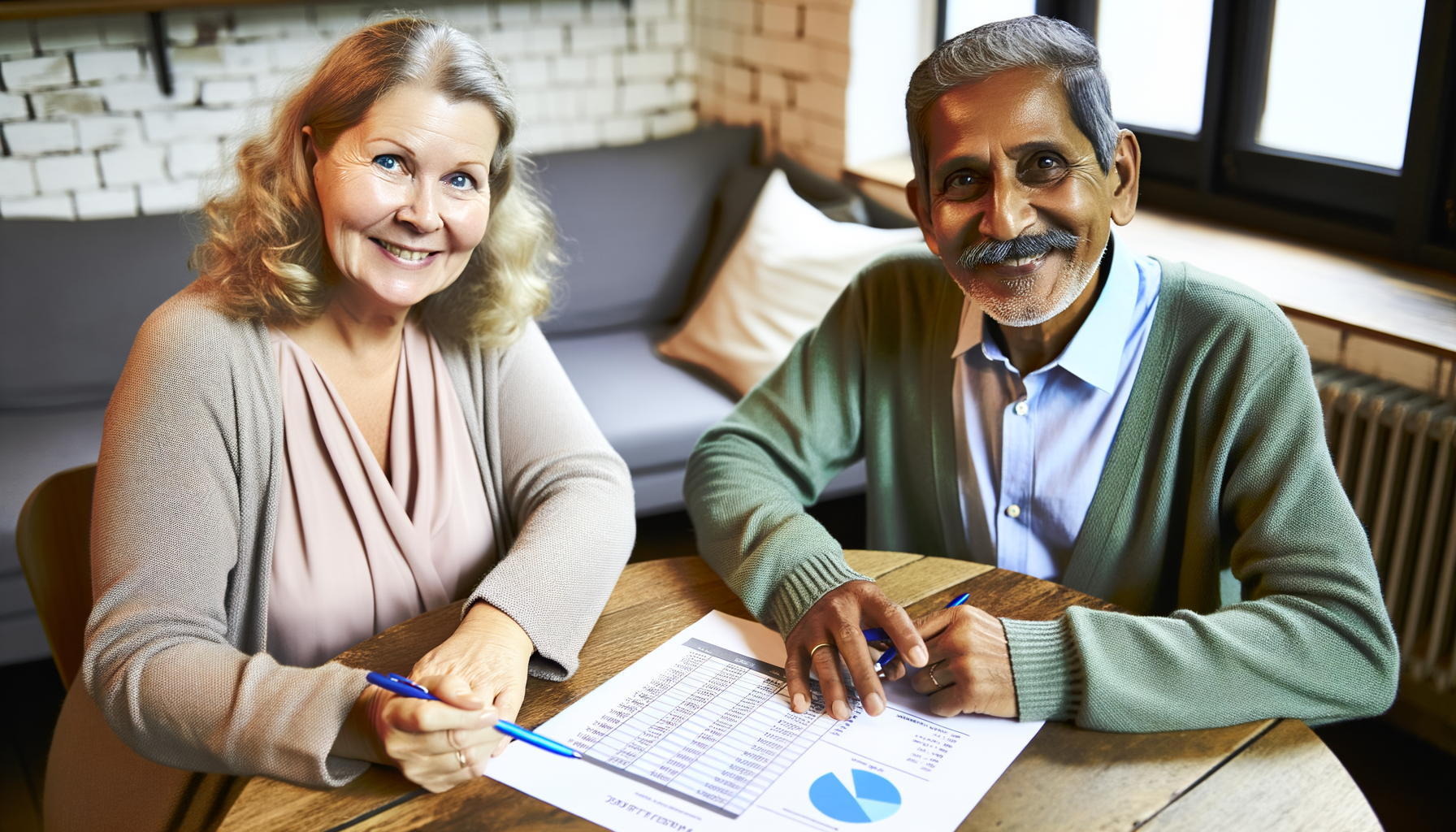 two older people happily reviewing a pricing document